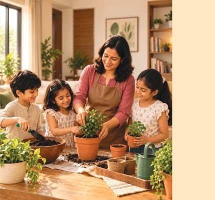 Family planting together with compost and potted plants