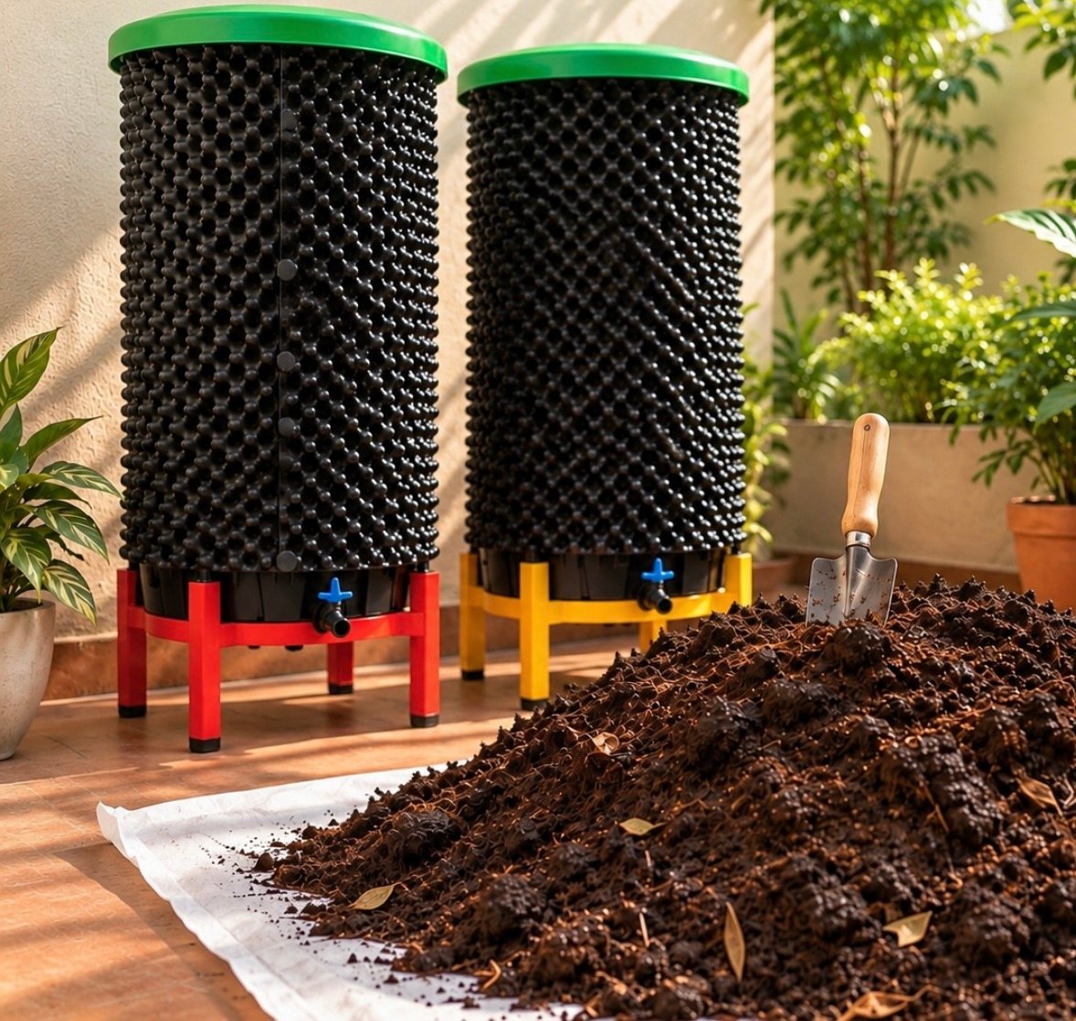 Orbin composting bins with nutrient-rich compost ready for the soil