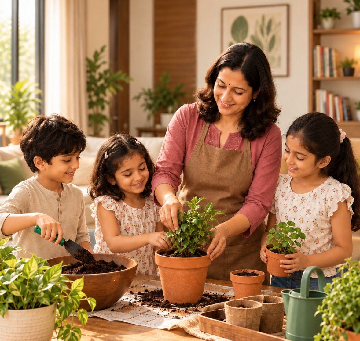 Family planting together with compost and potted plants