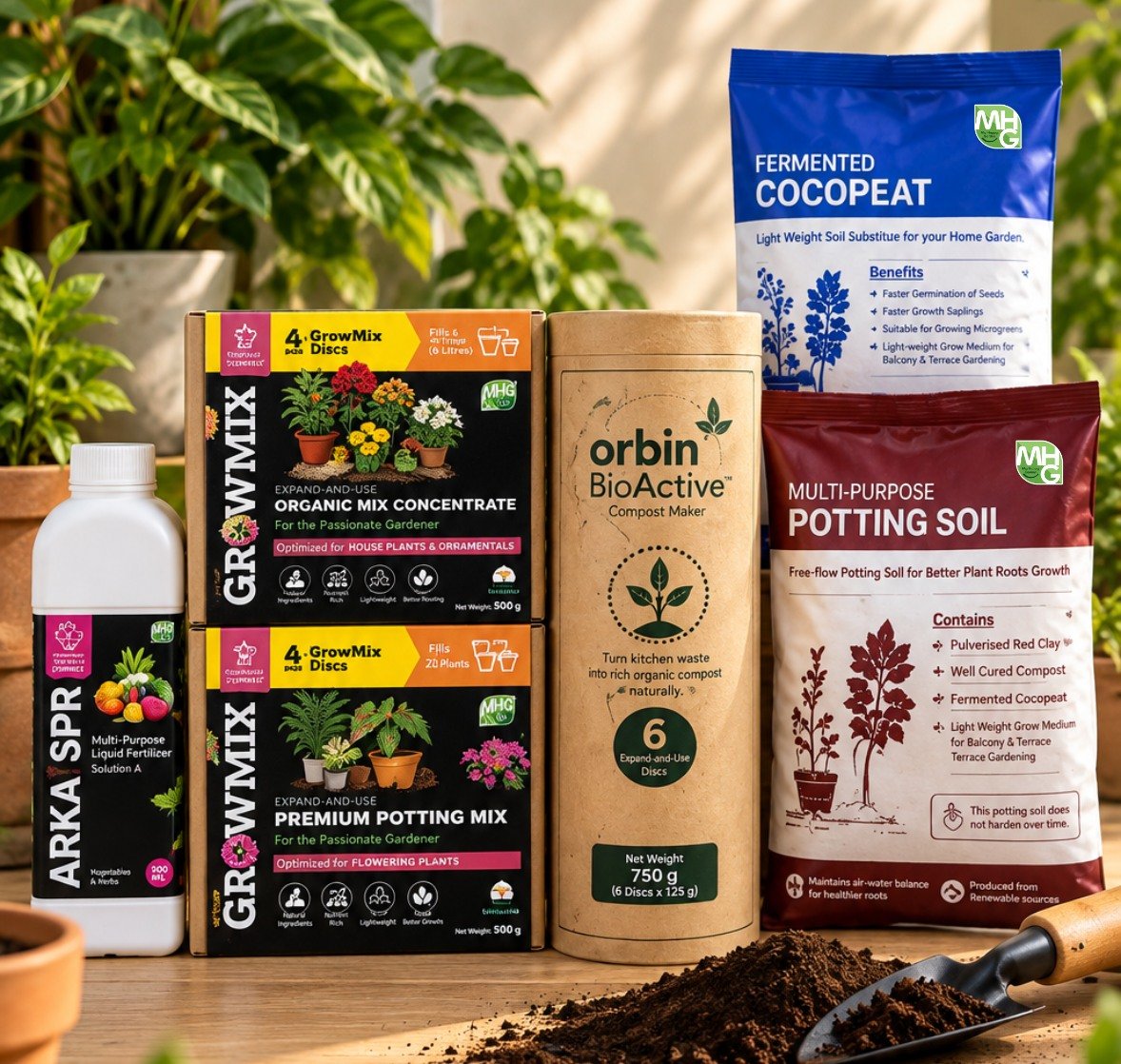 Orbin composting and gardening products arranged on a wooden table